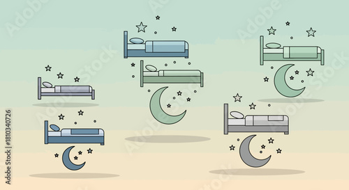 Serene sleep sanctuary with cozy beds, crescent moons, and twinkling stars creating a peaceful nighttime ambiance for rest and dreams.