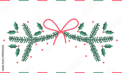 Christmas vector composition with green fir branches and red bow isolated on white background