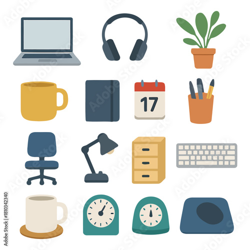 Desk Essentials: A meticulously curated collection of everyday office equipment, designed for efficiency, comfort, and productivity. This setup embodies simplicity, functionality.