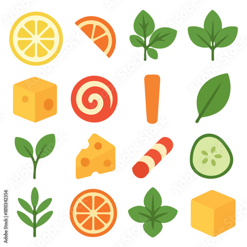 Fresh ingredients composition: a vibrant collage of fresh ingredients, bursting with color and the promise of culinary delight, perfect for showcasing healthy eating and food-related concepts. 