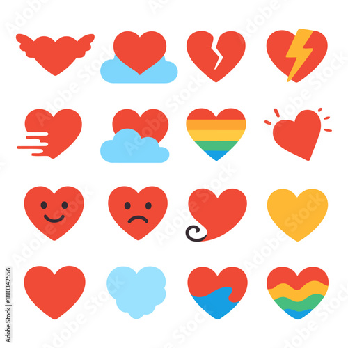 Expressive Hearts Array: A collection of heart illustrations, each conveying a different emotion. The artwork is clean and vibrant, capturing a range of feelings from love to heartbreak and joy.