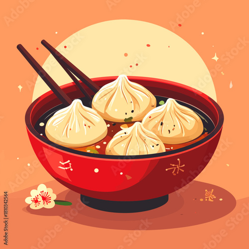 icon bowl of dumplings for lunar new year flat