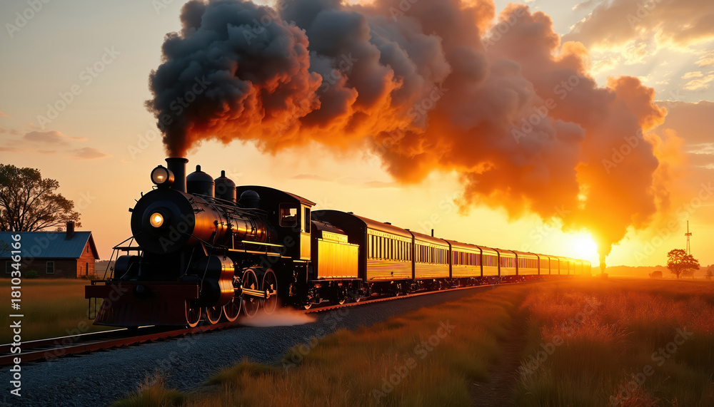 Obraz premium Antique steam train travels through rural landscape at sunrise. Black locomotive with yellow passenger cars emits large puffs of smoke. Train rides on railway track surrounded by fields, trees, farm