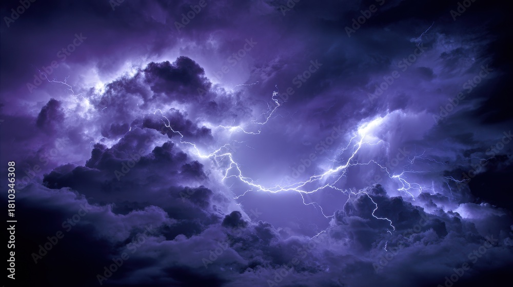 Obraz premium Jagged lightning bolts flash through dark purple storm clouds thunder electricity