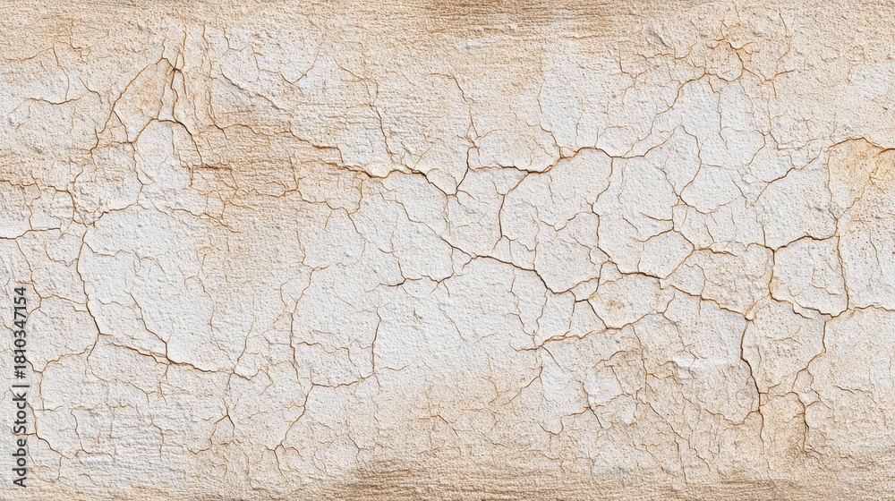 Obraz premium Close up of a weathered cracked white plaster wall with subtle brown stains