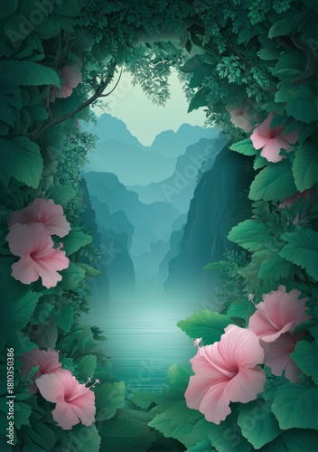 Lush foliage frames a tranquil mountain vista.