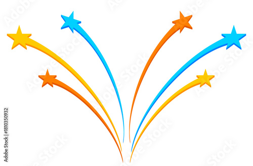 Abstract Starburst Celebration Element. A dynamic and cheerful illustration featuring six abstract trails of color culminating in stars, rising upwards in symmetrical arcs.