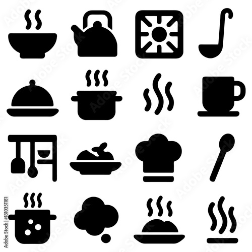 Culinary Essentials: A visual compilation of kitchen tools and food items, each perfectly depicted, represents the core elements of cooking and dining experience.