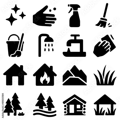 House Icon Set: A collection of various icon, depicting the essence of home, with motifs representing cleaning, nature, and home security and activities.