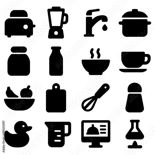 Kitchen Essentials: A detailed illustration showcasing a comprehensive set of culinary tools and kitchen essentials in a clean and organized manner.