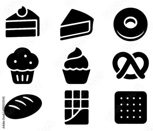 Sweet Treats Selection: A delightful assortment of pastries, cakes, and cookies offers a tempting invitation, captured in a clean, minimalist style.
