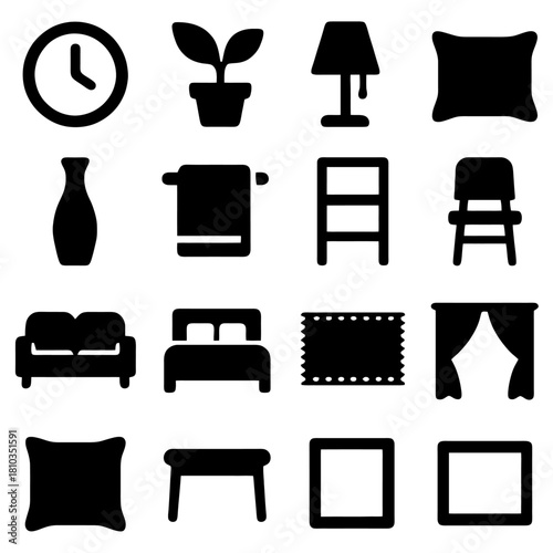 Interior Icon Set: a collection of carefully crafted icons, each a minimalist representation of essential home elements. These sleek silhouettes offer a glimpse into the art of home design.