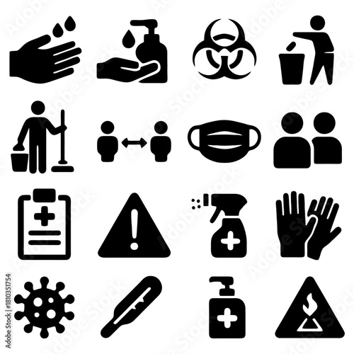 COVID-19 Safety Icons: A comprehensive collection of safety icons symbolizing measures to combat the pandemic, including hand washing, sanitizing, social distancing, mask-wearing.