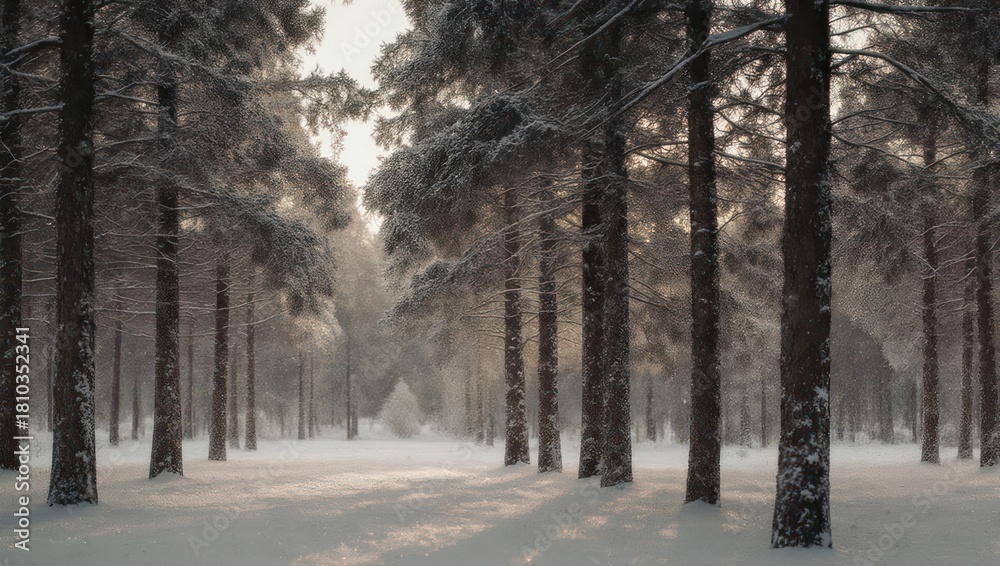Naklejka premium Snowy Forest Path Bathed in Soft Winter Sunlight.