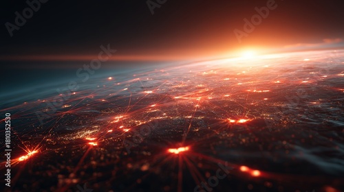 Illuminated global network connectivity glows brightly above the curvature of the planet.