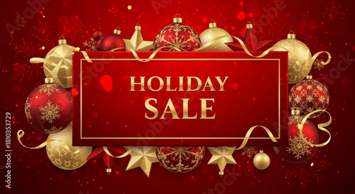 Holiday sale banner with christmas ornaments stars and ribbons on a red festive background created with generated ai