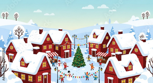 Winter village scene with children playing around a christmas tree and snow covered houses in the background created with generated ai
