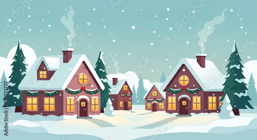 Winter village scene with snow covered houses and christmas trees in a cartoon style illustration created with generated ai