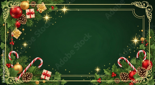 Christmas frame with ornaments, candy canes, gifts, pine cones and golden decorations on a green background created with generated ai