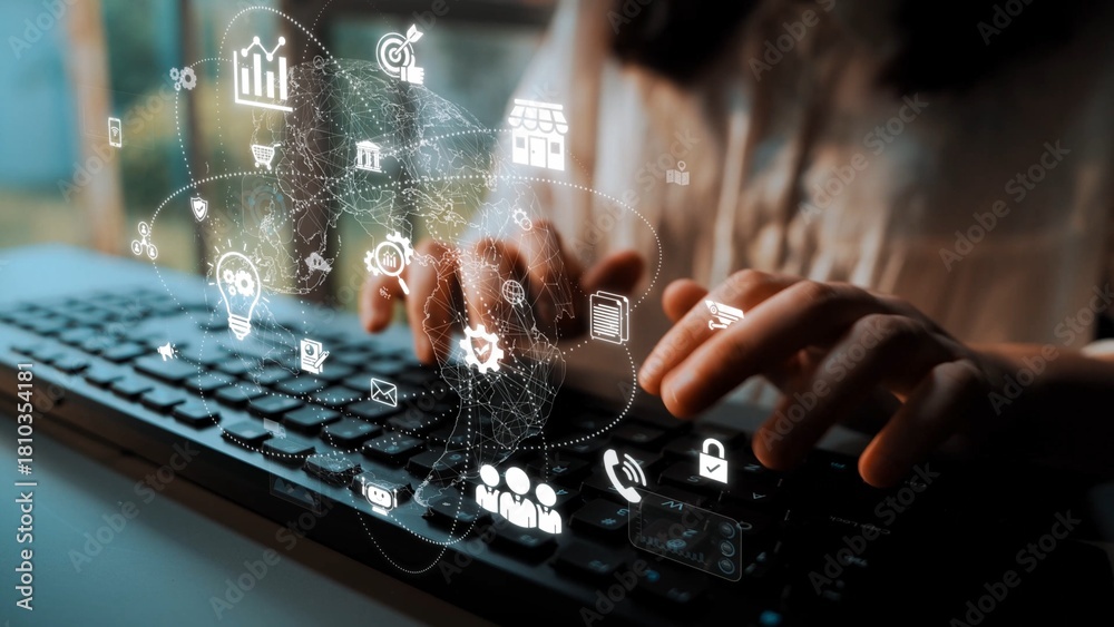 Fototapeta premium Global digital marketing strategy across communication platforms. Digital marketing drives growth, builds connection, digital marketing delivers results, and digital marketing expands reach. Marrow
