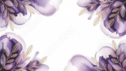 Dark purple watercolor gold leaf corner frame , Elegant wedding invitation abstract background , Luxury violet and metallic foliage template