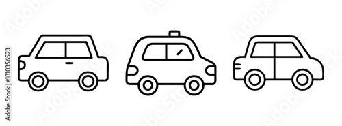 Three simple line art cars drawing vector illustration for kids coloring page and design element