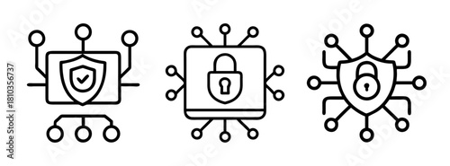 Cybersecurity network security data protection system security digital security outline icons set