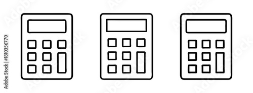 Three black and white calculator vector graphics for accounting finance and math education use cases
