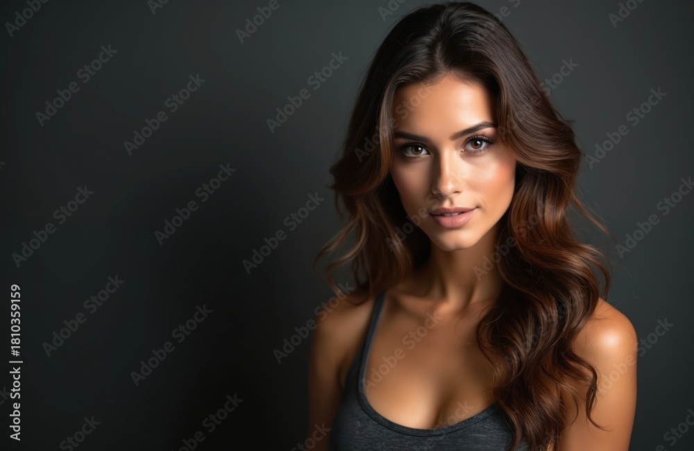 Fototapeta premium Close up portrait of woman. Beautiful lady poses in studio on dark backdrop. Brunette model with stylish hair and fresh make-up looks gently at camera. Beauty concept shoot.