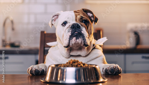 Bulldog eating, funny dog at dinner table with bowl of kibble