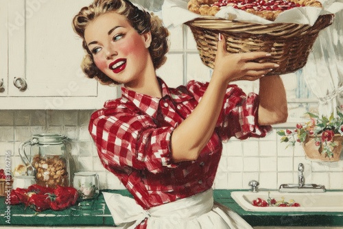 Woman holding a pie basket in a vintage kitchen.