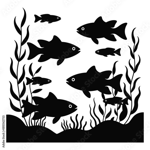 A captivating silhouette illustration showcases a school of fish swimming gracefully amidst aquatic plants, creating a serene underwater scene isolated on white background