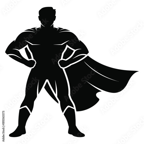 A powerful superhero silhouette stands confidently with hands on hips, cape billowing, embodying strength, justice, and unwavering resolve isolated on white background