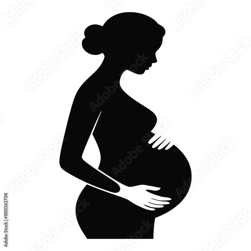 A silhouette of a pregnant woman isolated on white background, representing motherhood, anticipation, and the beauty of new life, depicted in a simple, elegant style