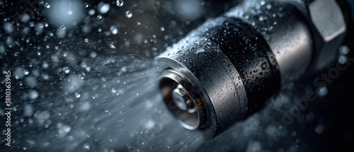 Closeup of a metallic industrial connector being sprayed with water, creating dynamic droplets and splashes against a dark background Concept of fluid dynamics, cooling, and precision engineering