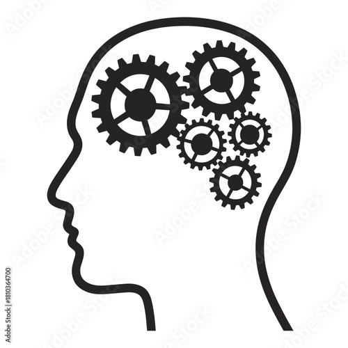 Outline of a head with gears inside, representing thought process, intelligence, and problemsolving, isolated on white background it symbolizes mental activity
