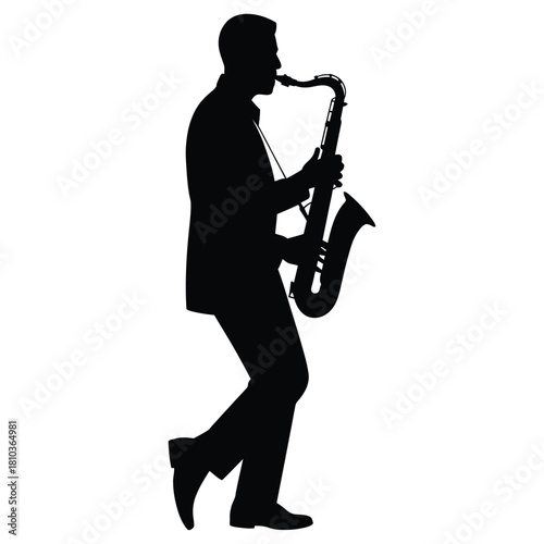Silhouette of a man playing the saxophone, isolated on white background this image represents music, jazz, performance, and artistic expression