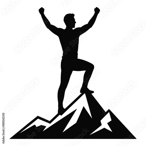 Silhouette of a man standing on top of a mountain with arms raised in victory, symbolizing success, achievement, and overcoming challenges isolated on white background