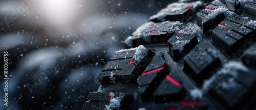 Closeup of a durable winter car tire covered in fresh snow, showcasing its robust tread pattern with red accents during a snowy day Concept of safe driving, cold weather conditions, and automotive per