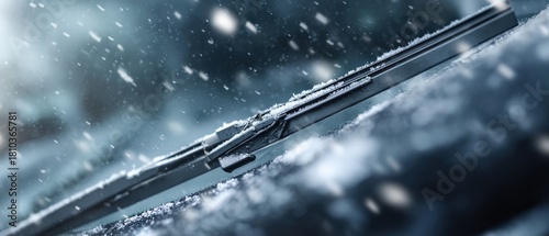Snow falling on a car windshield and wiper blade, covered in frost and ice during a cold winter day Concept of challenging winter driving conditions and adverse weather