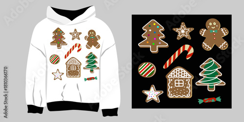 A collection of classic Christmas gingerbread cookie elements (man, house, tree, stars) and candies designed as a placement print for apparel, shown on a white hoodie mockup and separately on a black 