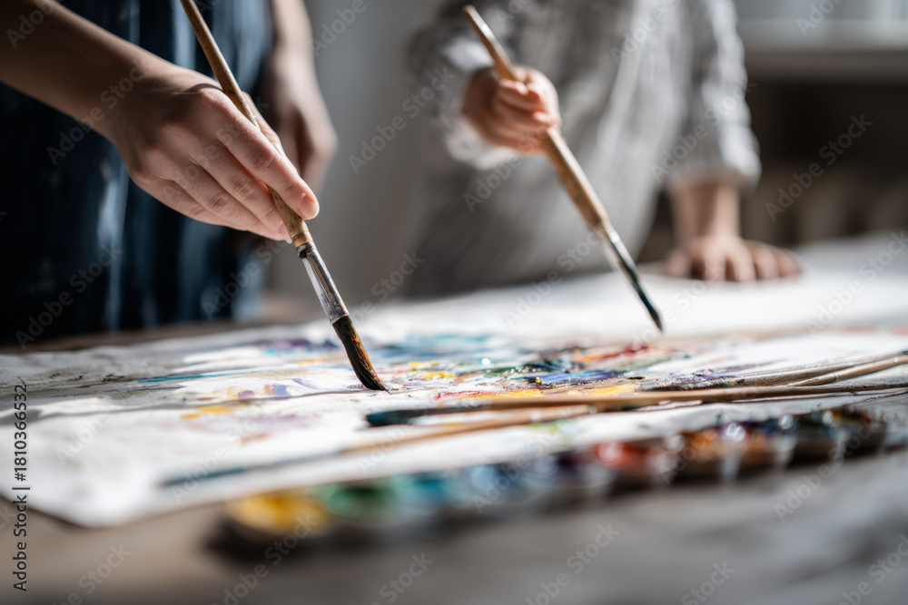 Obraz premium Hands of an adult and child holding paintbrushes, creating colorful artwork on canvas, surrounded by vibrant paints and artistic tools, showcasing a joyful creative process