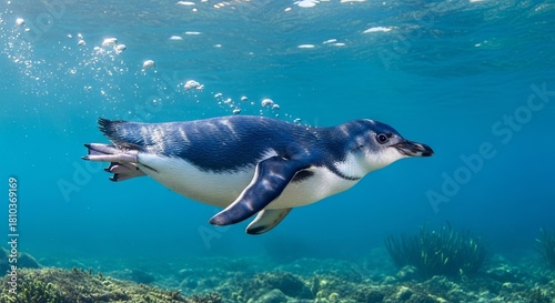 Fairy penguin walking along the shore with its small body and blue-gray feathers. The world’s smallest penguin, symbol of charm, coastal life, and wildlife.