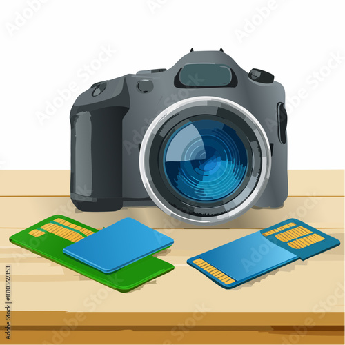 Digital Camera and Memory Cards on a Wooden Surface.