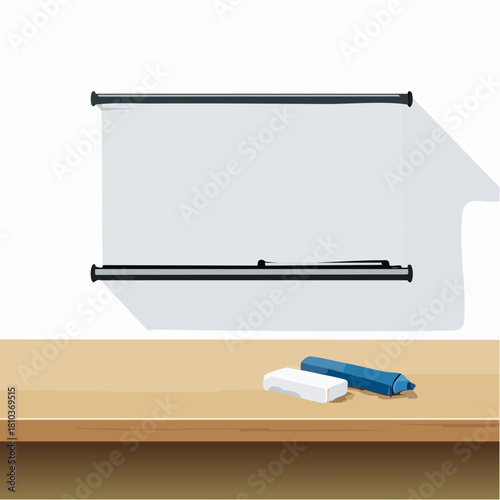 Empty whiteboard with marker and eraser on a wooden desk.