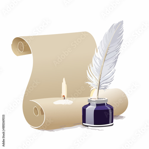 Feather quill pen inkwell and candle on white background.