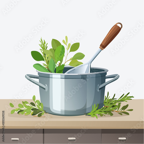 Fresh Herbs in Cooking Pot with Spatula on Kitchen Counter.