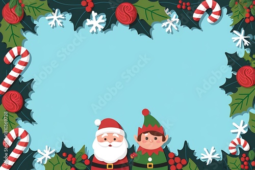 Festive Christmas Border with Santa, Elf, and Holly Decorations Creates a Holiday Atmosphere