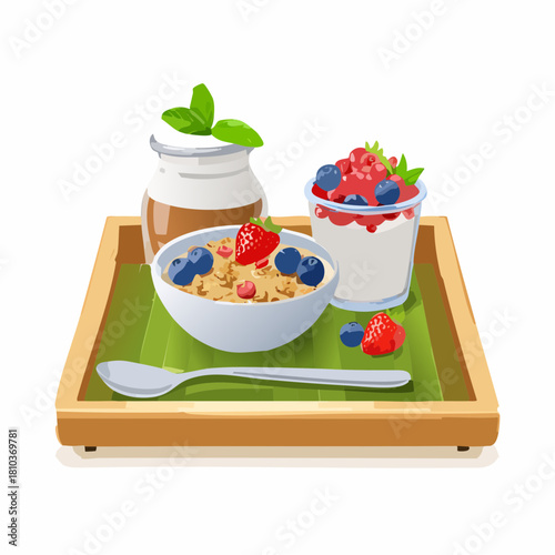 Healthy Breakfast Tray with Cereal Yogurt and Berries.