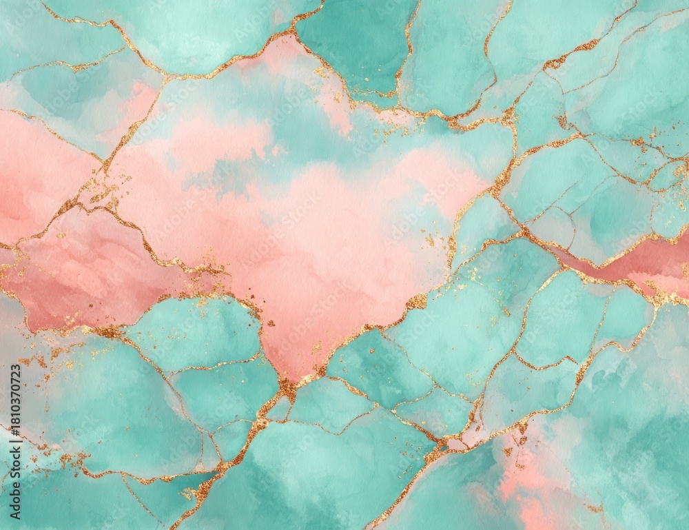 Obraz premium Abstract design with pale pink and teal hues and gold flecks.
